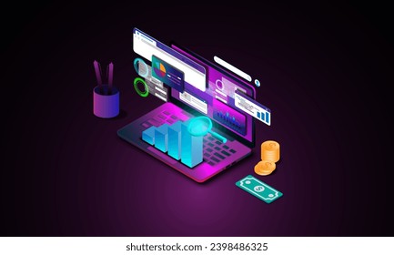 Hintergrundbild der Laptop-Technologie, Geschäftsdiagramm, Datenvisualisierung, Börsentrend, Finanzen