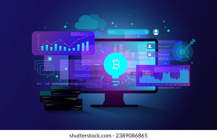 Laptop technology background image, financial graph concept, stock market and customer data analysis