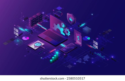 Laptop technology background image, financial data graph concept, marketing, business analysis