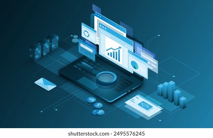 Imagen de fondo de tecnología portátil, concepto de gráfico, análisis de negocios, mercado de valores