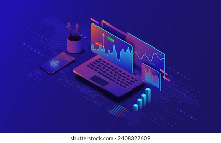 Imagen de fondo de tecnología portátil, concepto de desarrollo de sitios web sobre análisis financiero, mercado de valores mundial