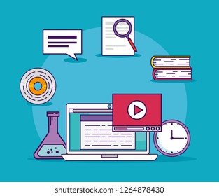 laptop technology with books and erlenmeyer flask