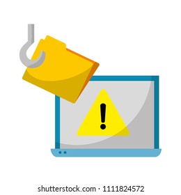 laptop technology with caution sign and folder hook