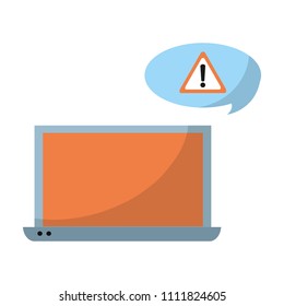 laptop technology and caution sign inside chat bubble