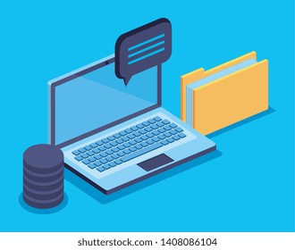 laptop technology with chat bubble and hard disk