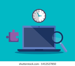laptop technology with clock and puzzle with magnifying glass