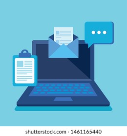 laptop technology with document clipboard and chat bubble