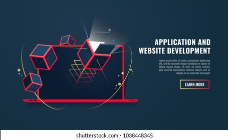 Laptop with technology elemets with cubes, software and website development, application started concept, website create, graphoc design 3d vector illustration