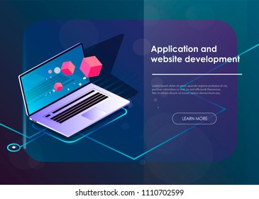 Laptop with technology elemets with cubes, software and website development, application started concept, website create, graphoc design 3d vector illustration