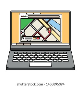 laptop technology hardware with gps location map cartoon vector illustration graphic design