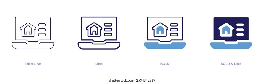 Icono de la tecnología del ordenador portátil en 4 estilos diferentes. Línea delgada, línea, negrita y línea negrita. Estilo duotono. Trazo editable.