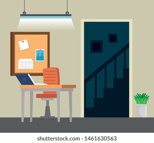 laptop technology with noteboard and desk with chair