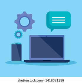 laptop technology with smartphone and chat bubble