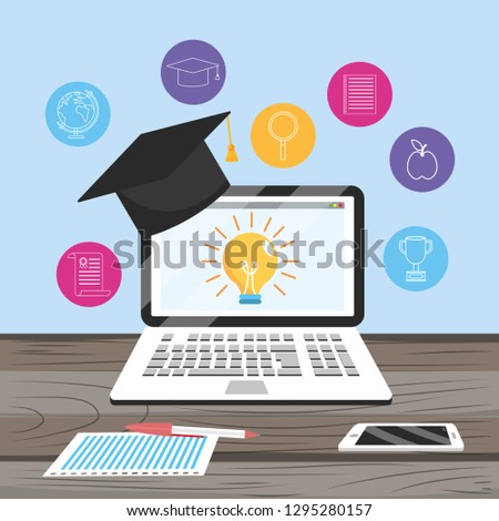 laptop technology with smartphone and graduation cap