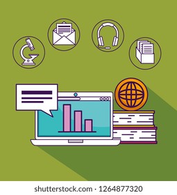 laptop technology with statistics bar and education books