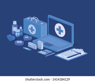 laptop telemedicine service with medical kit and drugs