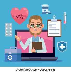 laptop with telemedicine set icons