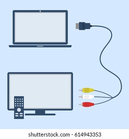 Laptop and television with RCA and HDMI interconnect. Flat design.
