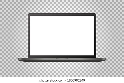 Laptop template on transparent backdrop. Modern computer with white screen. Realistic mockup for poster, magazine, brochure or web. Dark silver notebook. Vector illustration.