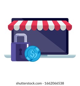 laptop with tent coin and padlock design of Commerce market store shop retail buy paying banking and consumerism theme Vector illustration