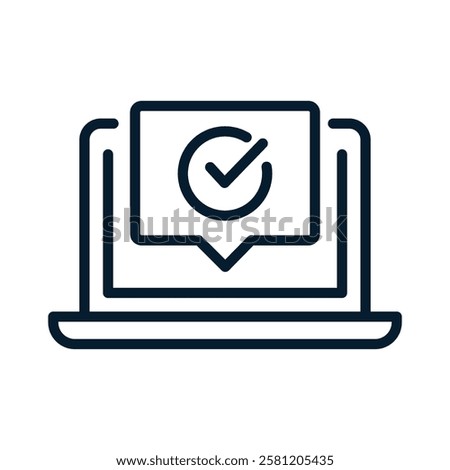 Laptop, text bubble, check mark. Feedback concept. Vector linear icon isolated on white background.