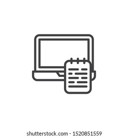 Laptop and textbook line icon. E-learning linear style sign for mobile concept and web design. Note book computer outline vector icon. Education symbol, logo illustration. Vector graphics