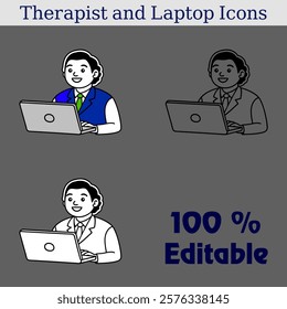 laptop and therapist icons. cartoon icons of laptop users in diverse styles. digital illustration of a person working on a laptop in three formats. vertical cartoon style icon set with laptop