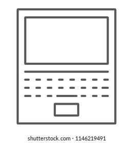 Laptop thin line icon, office and work, computer sign, vector graphics, a linear pattern on a white background, eps 10.