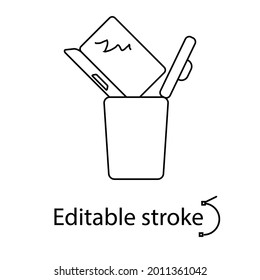 Laptop is thrown into the trash can outline icon. Computer problem. Customizable linear contour symbol. Editable stroke. Isolated vector stock illustration