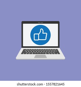 laptop with thumbs up symbol. unlike symbol in laptop screen. Vector illustration in a red background.