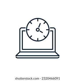 Laptop, time. Working hours concept. Vector icon isolated on white background.
