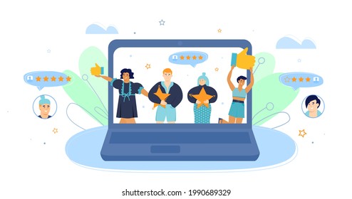 Portátil con personajes de dibujos animados de personas pequeñas con marcas de estrella y dedo arriba, ilustración vectorial plana aislada en fondo blanco. Comentarios positivos de los clientes.