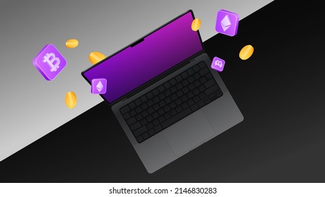 Laptop Top View. Cryptocurrency Mockup. Vector Illustration