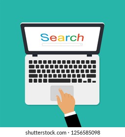 Laptop top view with hand flat style. Vector illustration