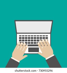Laptop top view. Mobile computer. Hands of user. Notebook electronic device. Vector illustration in flat style