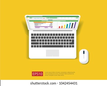 laptop top view spreadsheet on screen. office things for planning and accounting, analysis, audit, project management, marketing, research vector illustration.