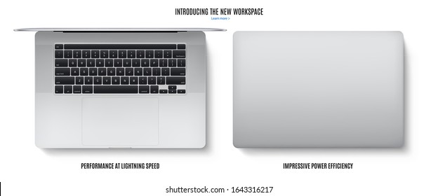 laptop with touchpad and keyboard silver color top view isolated on white background. flat lay detailed and realistic notebook mockup. stock vector illustration