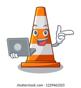 With laptop traffic cone on road cartoon shape