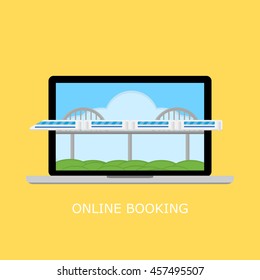 laptop, train, bridge on the screen, online booking concept, vector illustration in flat style