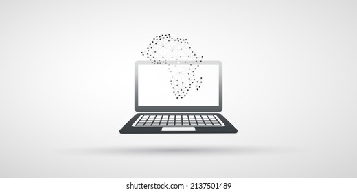 Laptop with Transparent Abstract Polygonal Map of Africa, African Digital Network Connections, Mobility Concept, Black and White Technology Background with Creative Wide Scale Design Template
