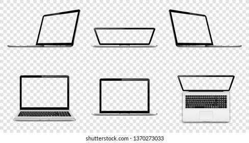 Laptop with transparent screen isolated on transparent background. Perspective, top and front view with blank screen.