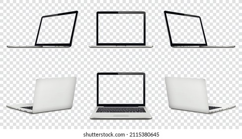 Portátil con pantalla transparente aislado en fondo transparente. Perspectiva, vista frontal y posterior con pantalla en blanco.