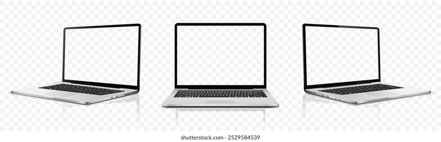 Montagem de tela transparente do laptop. Laptop realista em diferentes posições isoladas no fundo transparente.