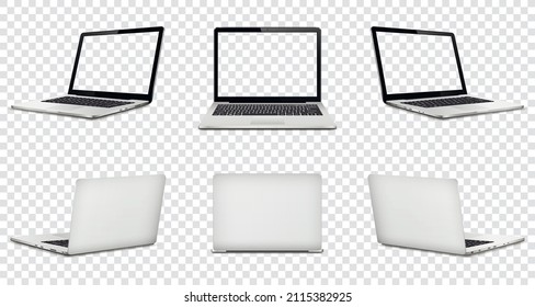 Laptop with transparent screen on transparent background. Perspective, top, front and back laptop view with transparent screen.