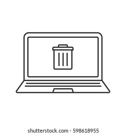 Laptop Trash Linear Icon. Thin Line Illustration. Notebook With Trashcan Contour Symbol. Vector Isolated Outline Drawing