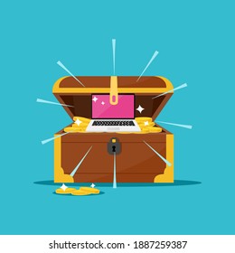 laptop in a treasure chest. The concept of technology is a valuable treasure