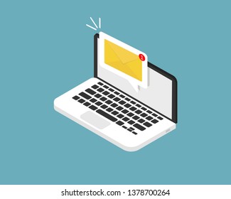 Laptop in trendy isometric flat style. Office work with computer on blue background and new message. EPS 10