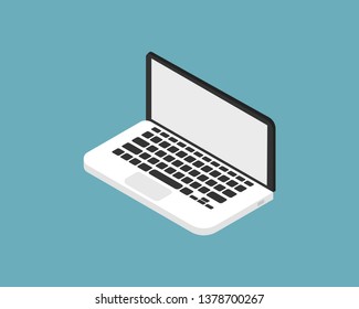 Laptop in trendy isometric flat style. Office work with computer on blue background. EPS 10