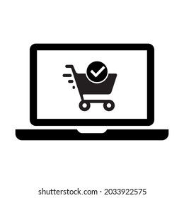 Laptop with a trolley on the screen. Laptop with cart vector icon. Online shopping concept. Flat design vector illustration.	