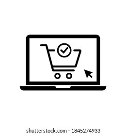 Portátil con carro en pantalla. Portátil con icono de vector de carro. Concepto de compras en línea. Ilustración vectorial de diseño plano.